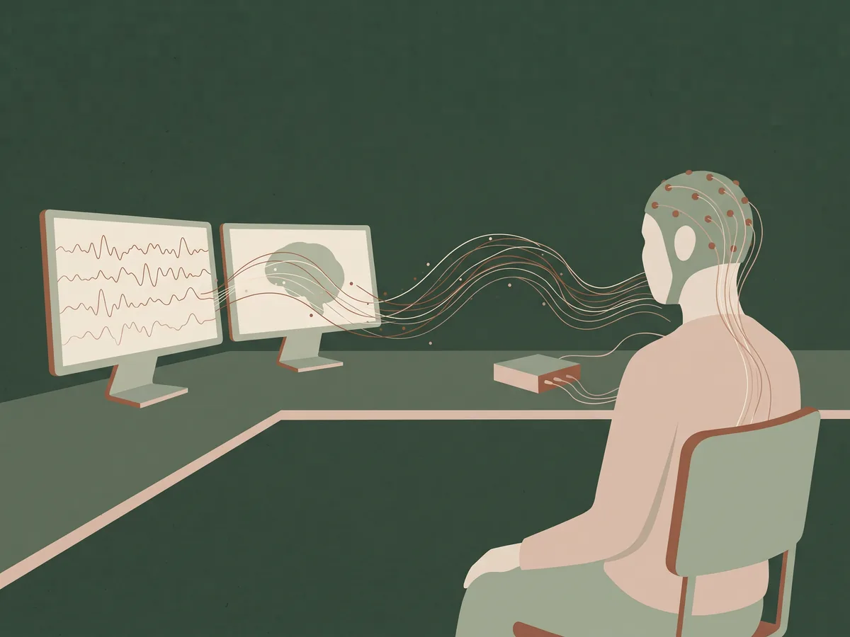 Laboratuvar ve BCI kurulumu: EEG kapaklı katılımcı ve beyin dalgası ekranları